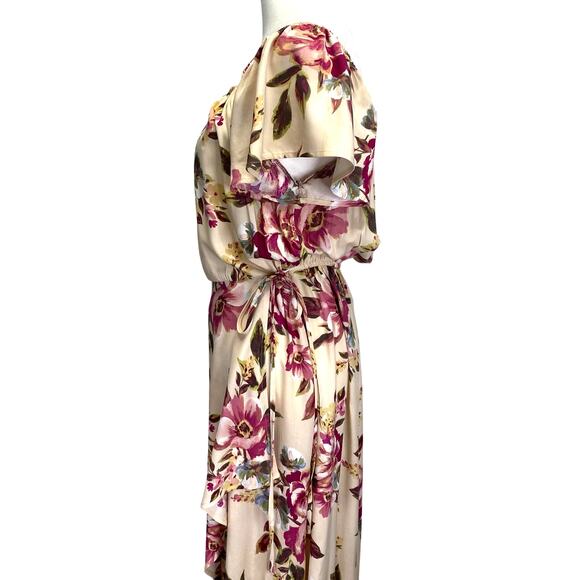 BAND OF GYPSIES Maxi Dress Sz M Floral Faux Wrap Beige Pink Flutter Sleeve Boho - Picture 6 of 10